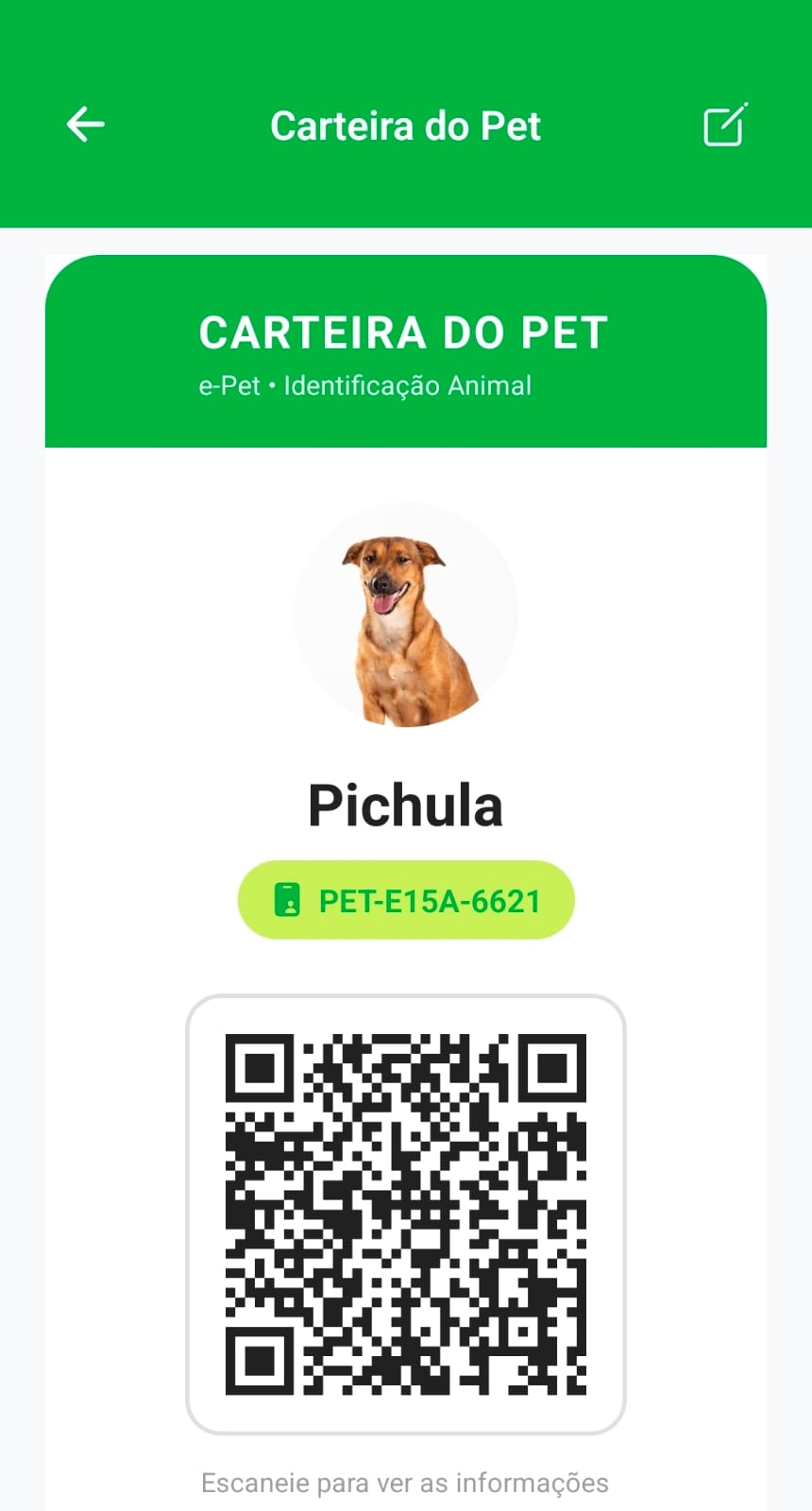 Tela de Carteira do Pet com QR Code