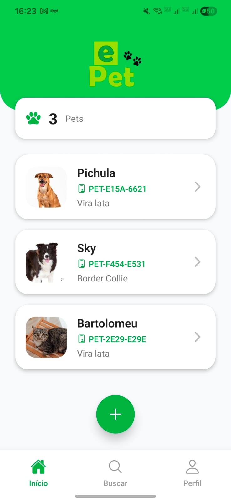 Tela inicial do e-Pet com lista de pets