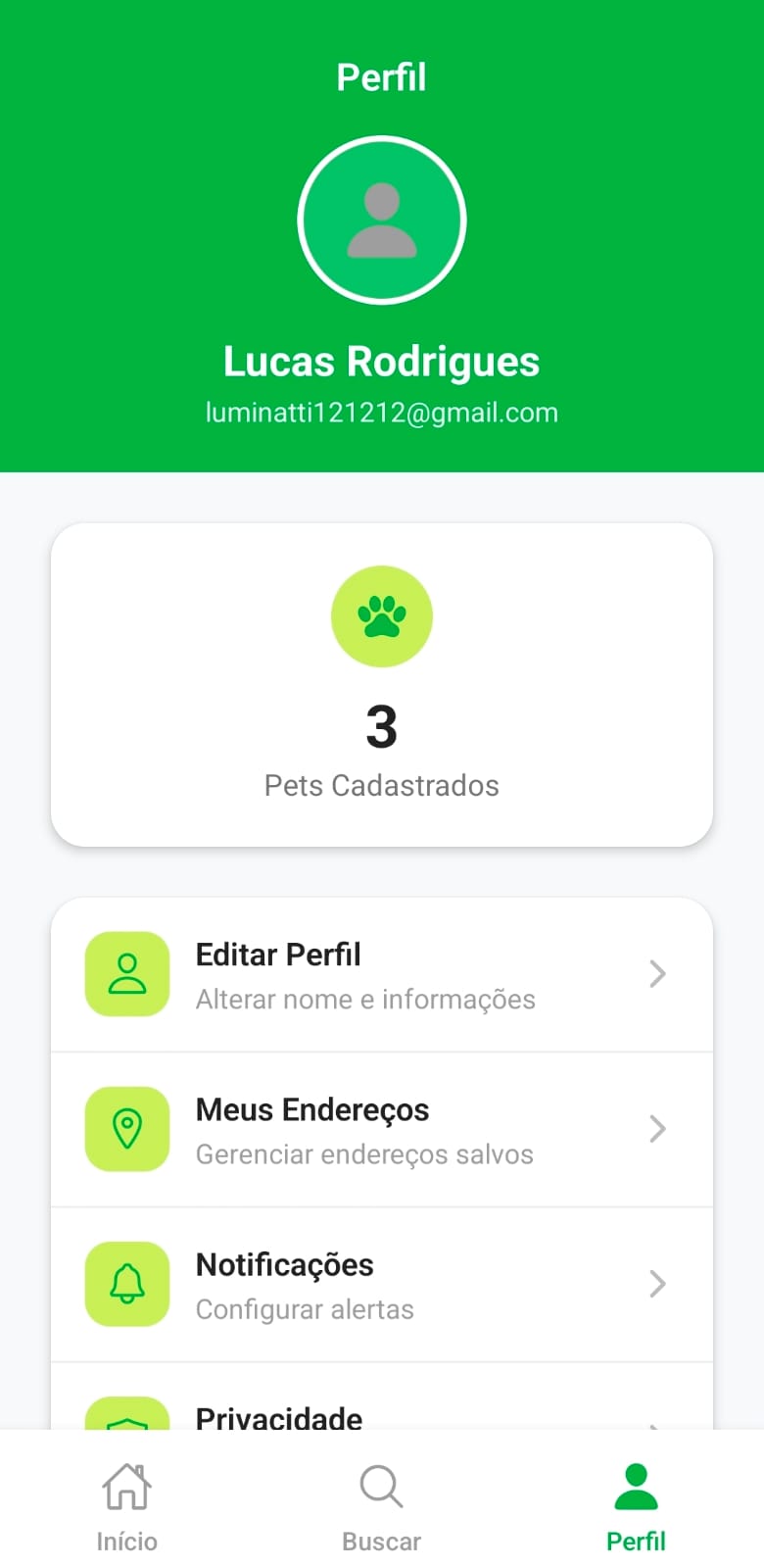 Tela de perfil do tutor