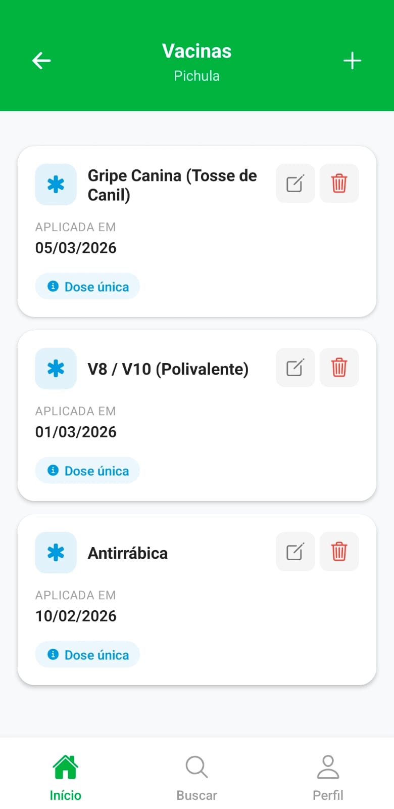 Tela de controle de vacinas do pet